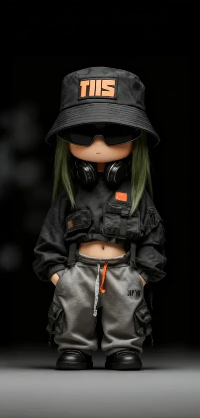 Stylish cartoon doll in urban streetwear outfit.