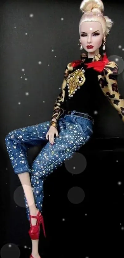 Fashion doll with leopard print and sparkle jeans on black background.