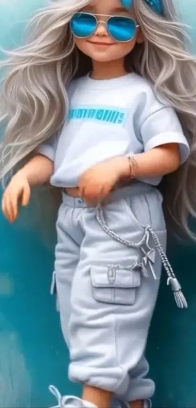 Trendy doll with blue sunglasses and long hair.