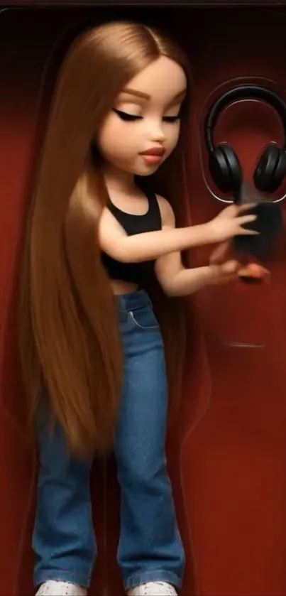 Stylish doll in packaging with headphones and long hair.