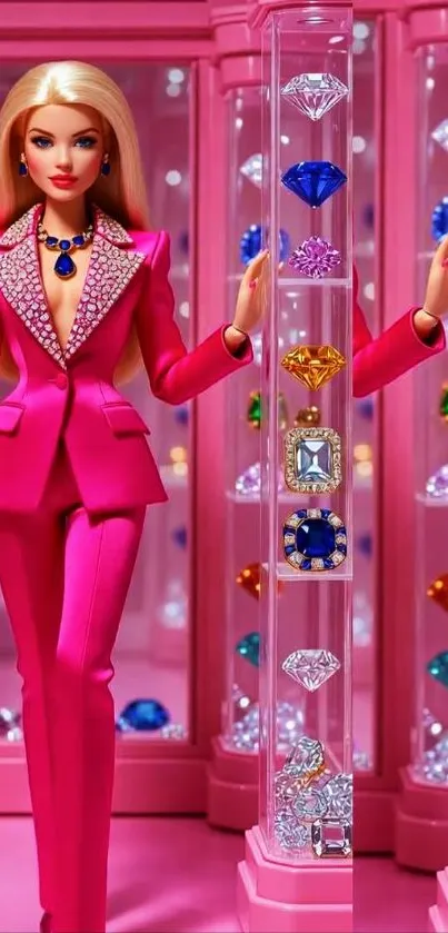 Stylish doll in pink suit with colorful gem backdrop.