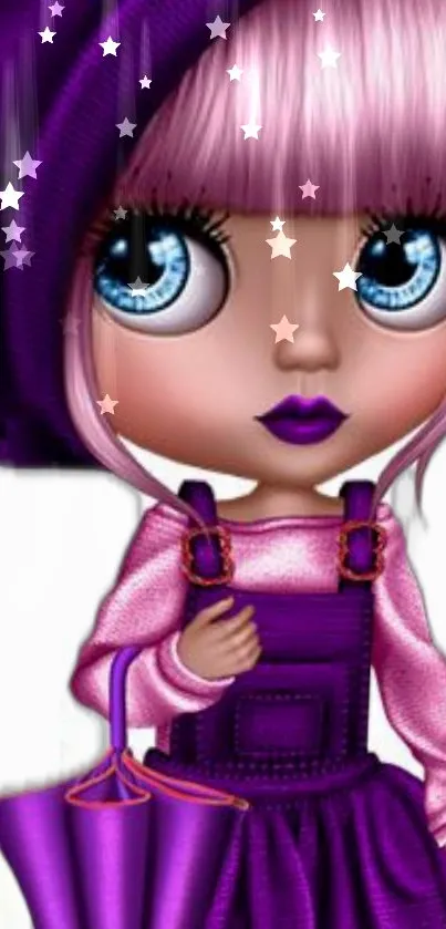 Cute doll in purple outfit with vibrant design.