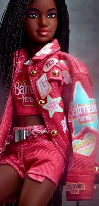 Stylish doll in a red Balmain outfit, sitting on a chair.