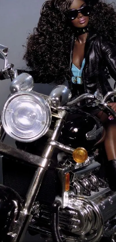 Fashionable doll in leather jacket on a motorcycle, curly hair, sunglasses.