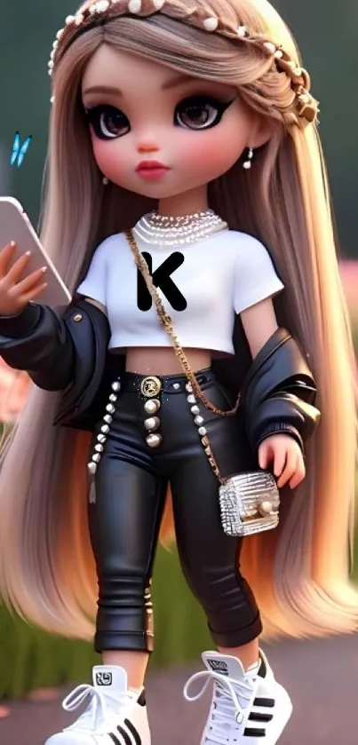 Trendy doll holding smartphone with stylish outfit.