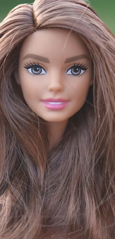 Vibrant doll portrait with brown hair and a green backdrop.