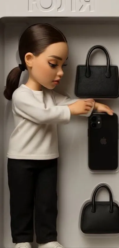 Doll with handbags and phone in case