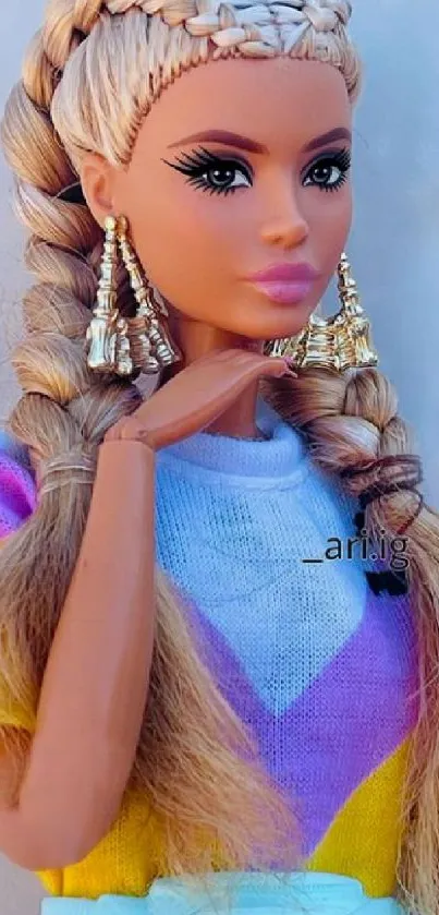 Stylish doll with braided hair and colorful outfit.