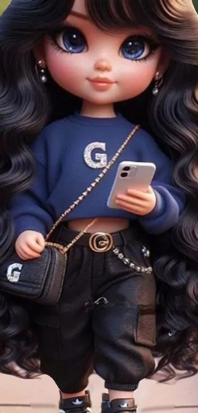 Stylish doll with long curly hair holding a smartphone.