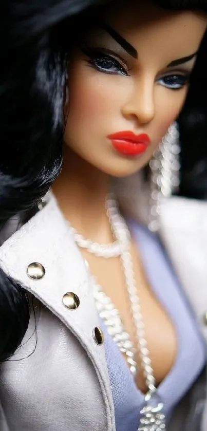 A stylish doll with red lips and black hair, wearing elegant jewelry.