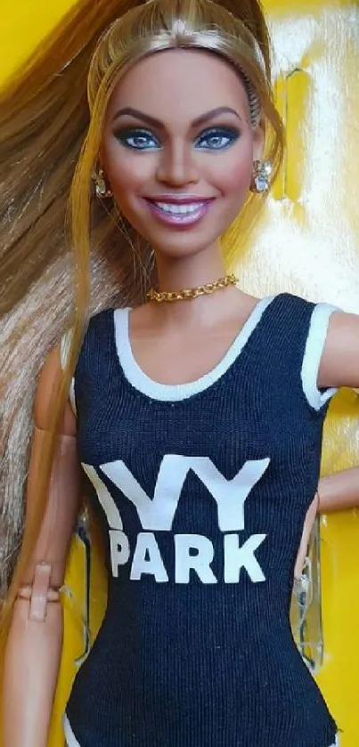 Chic doll in Ivy Park outfit with bright yellow backdrop.