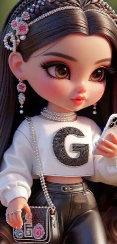 Fashionable doll with mobile phone and accessories.