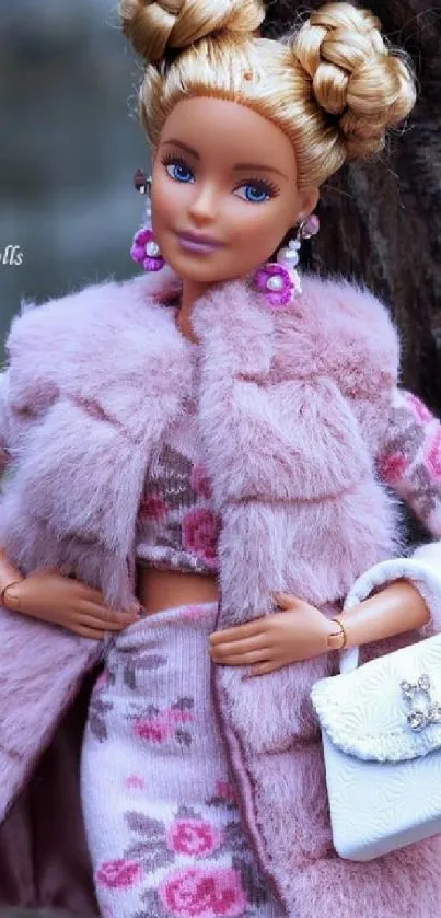 Fashionable doll wearing a pink fur outfit.