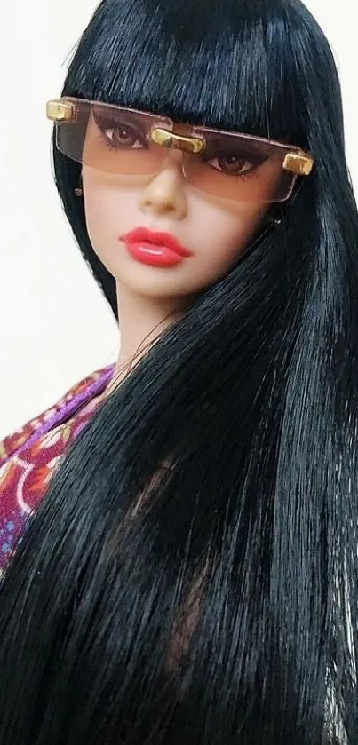 Fashion doll with sleek hair and sunglasses on vibrant backdrop.