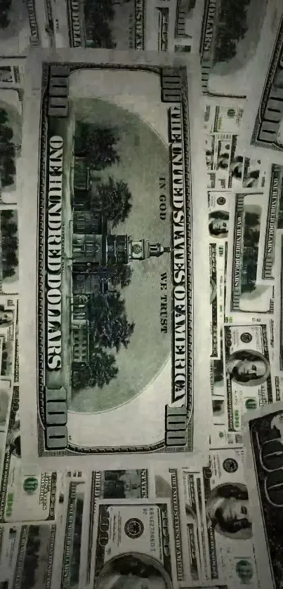 A stylish dollar bill wallpaper full of US currency notes on display.