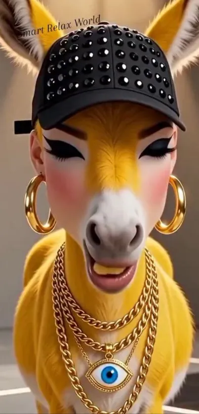 Stylish donkey with jewelry and cap in cartoon style.