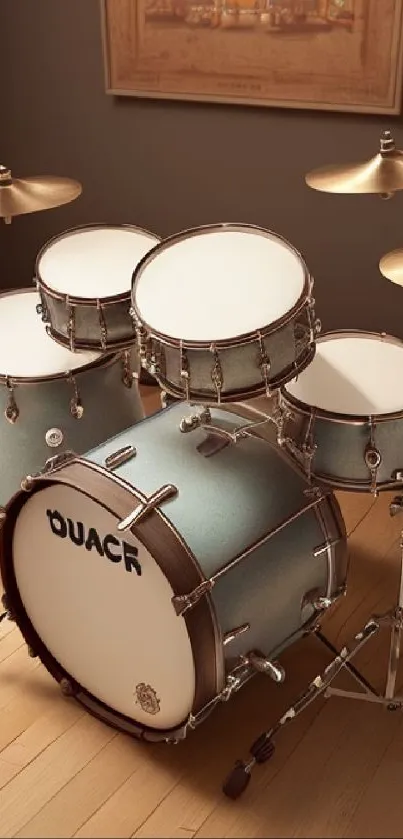 Stylish drum set in a cozy room with wooden flooring.