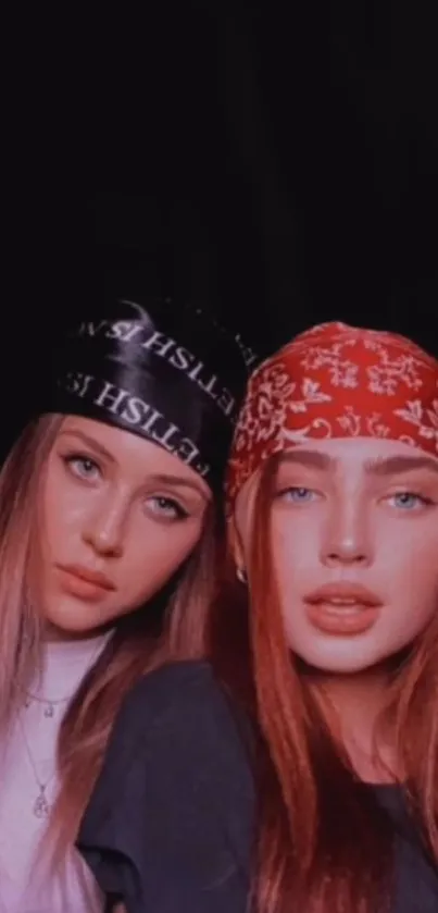 Two fashionable friends wearing bandanas with a stylish aesthetic.