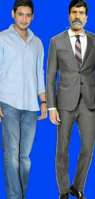 Two stylish men on a vivid blue background.