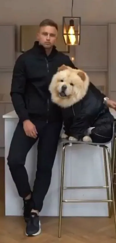 Man and Chow Chow dog in modern kitchen.