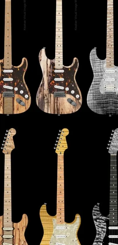 Display of six stylish electric guitars on a black background.