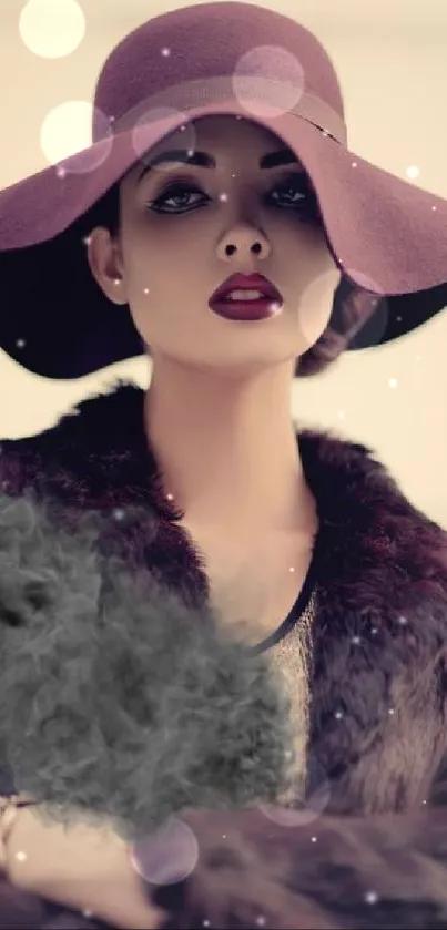 Elegant woman in a burgundy hat and coat, showcasing vintage fashion style.