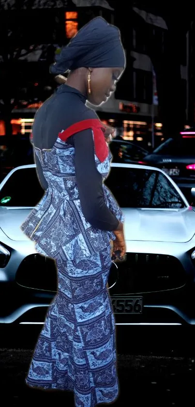 Elegant figure in cityscape with car