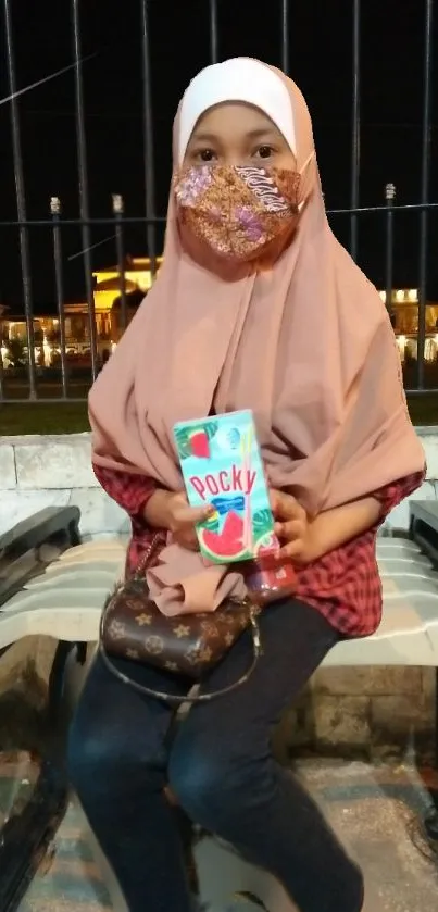 Evening portrait with stylish outfit and Pocky snack in peach tones.