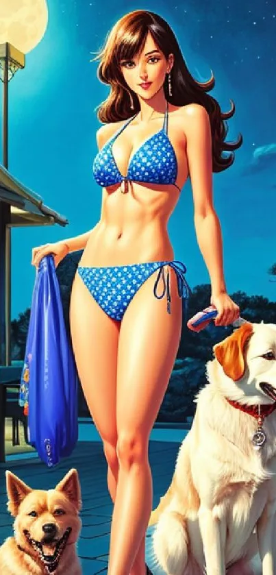 Fashionable woman in blue bikini with dogs in moonlit night.