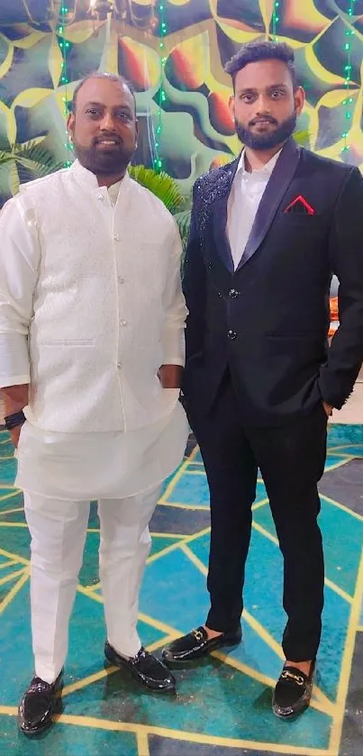 Two men in formal attire at a vibrant event.