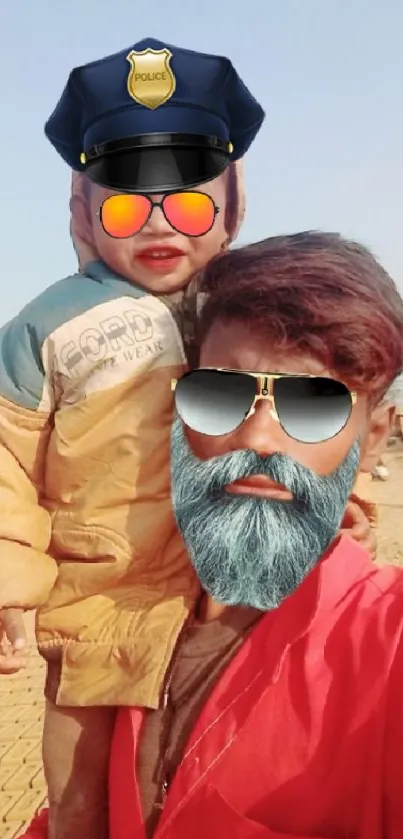 Father and child with fun filters, sunglasses, and police hat.