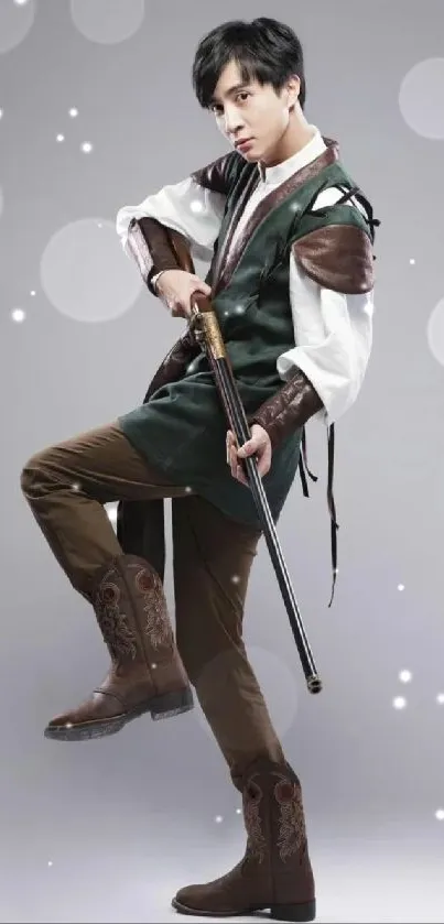 Fantasy archer in stylish medieval attire, holding a weapon, gray background.