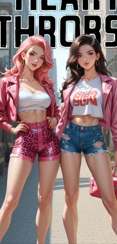 Anime styled women in fashionable pink outfits with text 'Heart Throbs'.