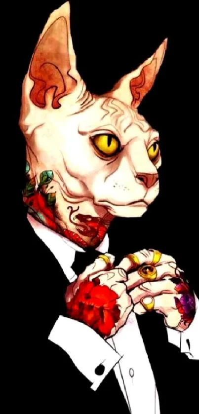 Stylish feline in suit with tattoos on black background.