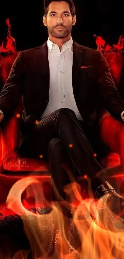 Confident figure in a suit on a fiery red chair.