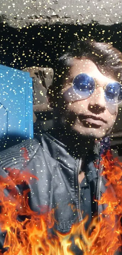 Man in sunglasses with fire and sparkle effects background.