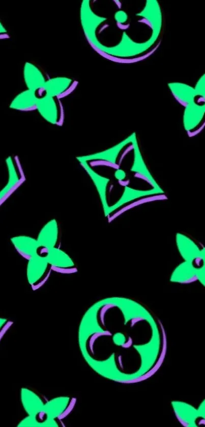 Neon floral pattern on black background wallpaper.