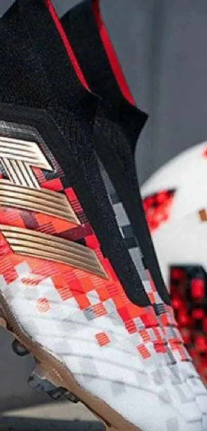 Football boots with red and black pixel design next to soccer ball.