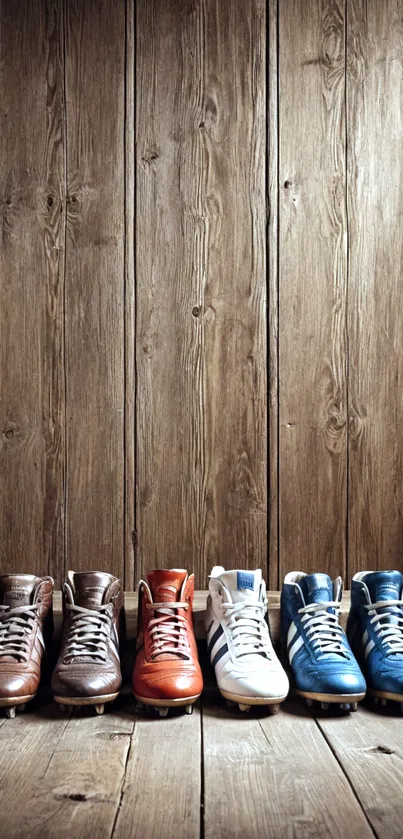 A row of colorful football boots against a rustic wooden wall.