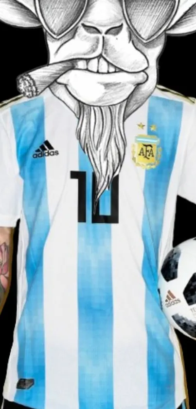 Creative goat character in Argentina jersey holding a football.