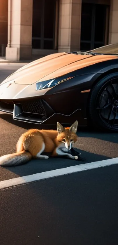 Fox resting beside a sleek sports car on a city street.