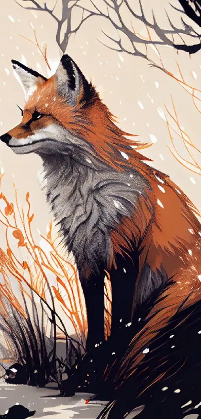 Orange fox in a tranquil snowy winter scene mobile wallpaper.