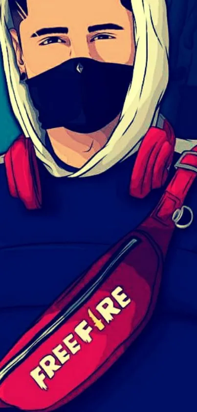 Illustrated Free Fire character in hoodie and mask with red accessories.