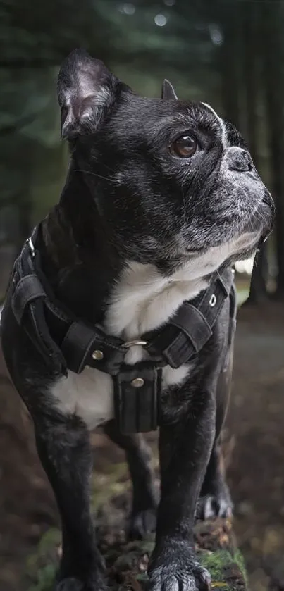 French Bulldog stands on mossy path in a serene forest.