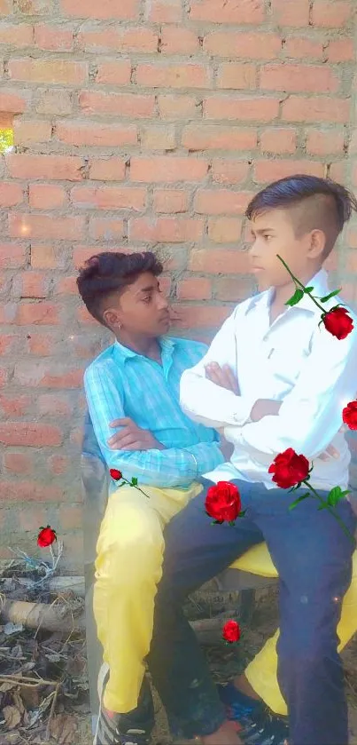 Two boys sitting against a brick wall with red roses.