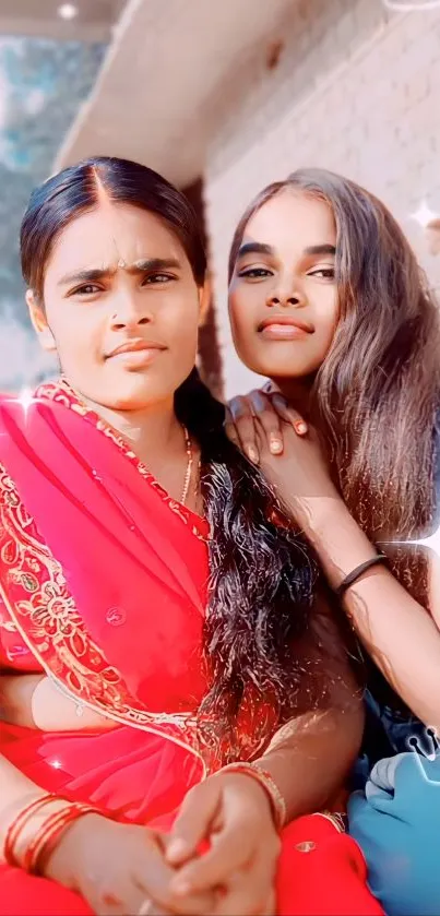 Two stylish women in traditional attire with vibrant red theme.