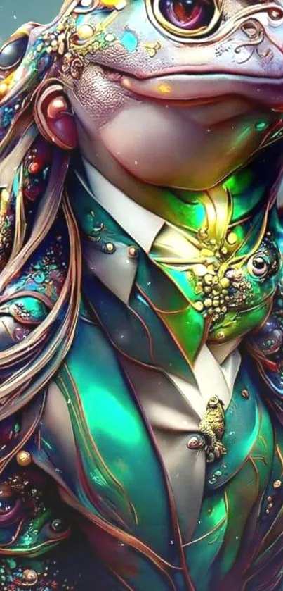 Exquisite frog in suit with vibrant colorful details on mobile wallpaper.