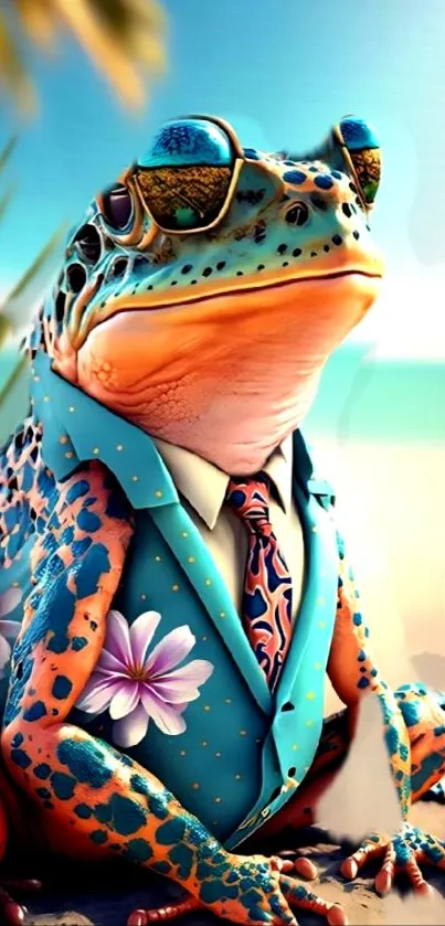 Colorful frog in sunglasses and suit on a tropical background.