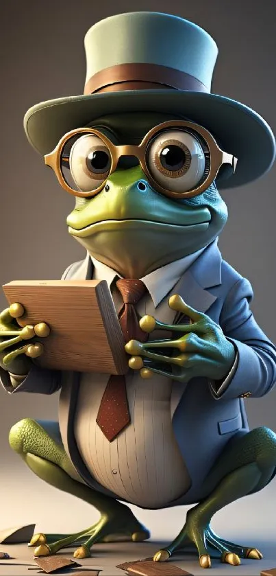 Stylish frog in a suit and glasses holding a book, perfect mobile wallpaper.