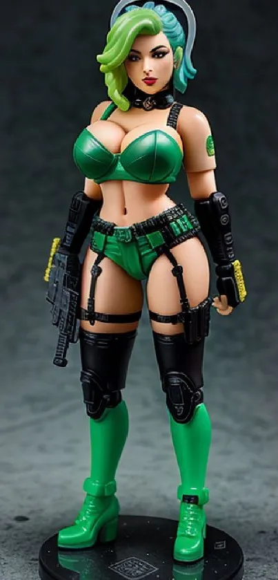 Futuristic action figure in green attire with a dynamic pose.